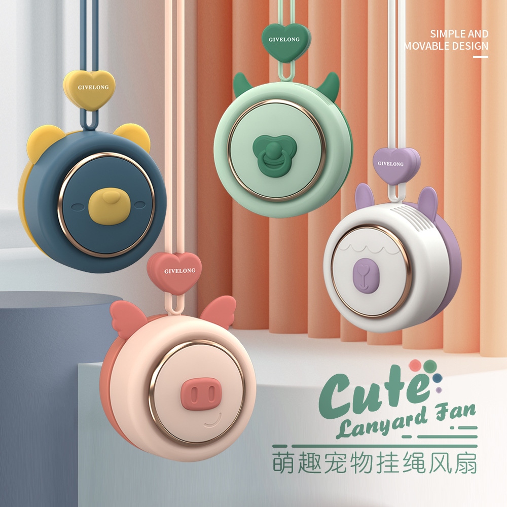 New cute and fun pet bladeless USB charging lanyard fan, portable and trendy item for lazy people, outdoor gift, ins small fan full figure