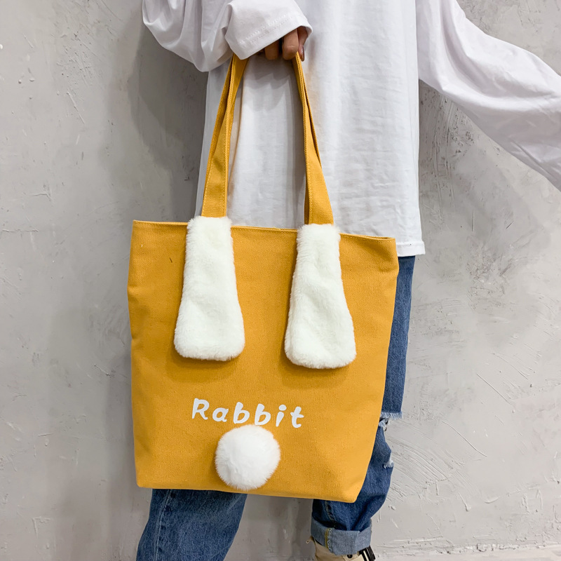 New women's canvas large bag 2020 large capacity casual tote bag, cute plush rabbit ear single-shoulder crossbody bag