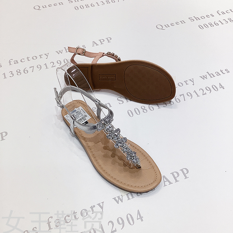 sandals时尚爆款镶钻平底凉鞋欧美夹脚女凉大码定制款一件代发