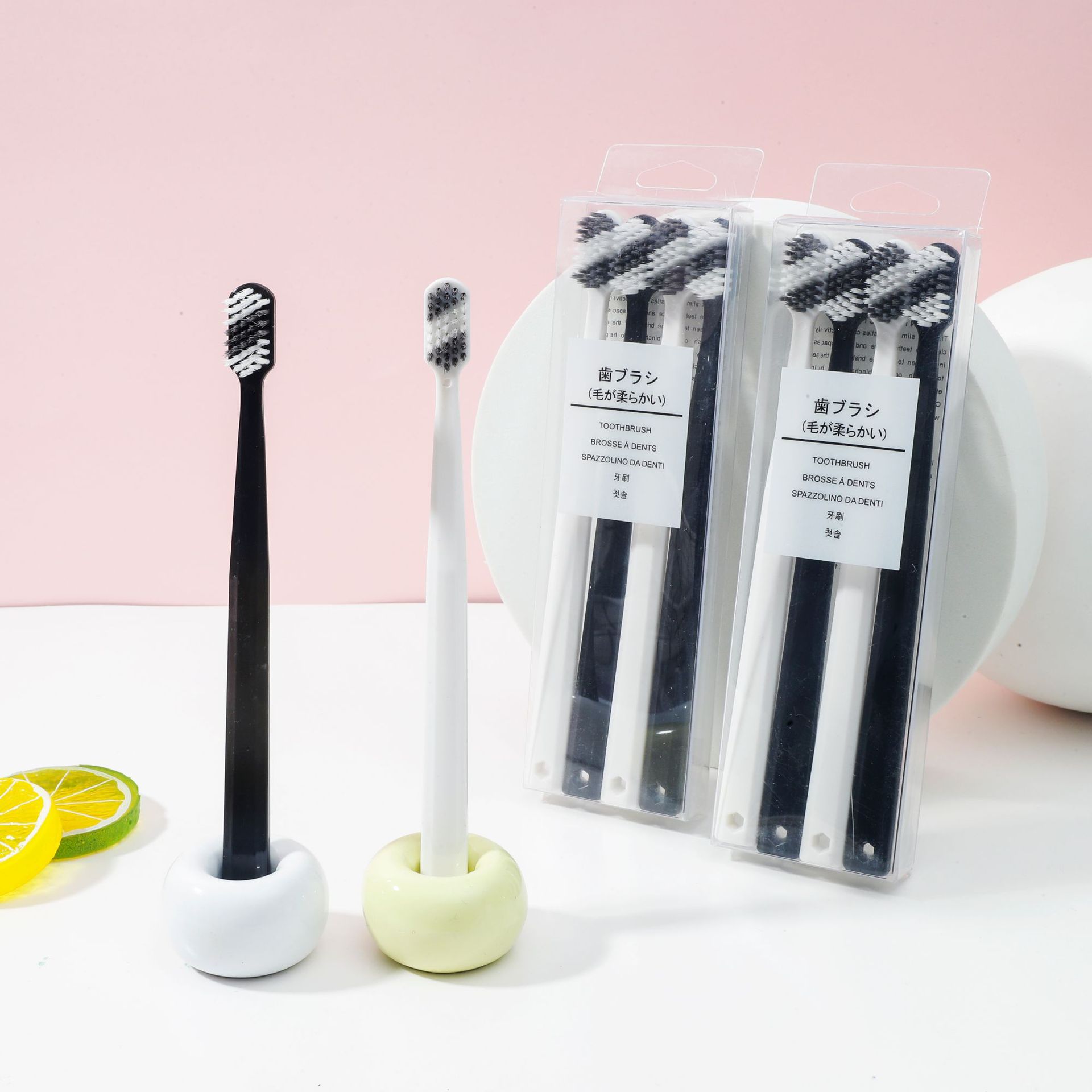Couple toothbrushes, black and white, 4 pieces, adult fine soft bristles, 2 yuan, store street stall supply, Yiwu small commodity manufacturer details Picture