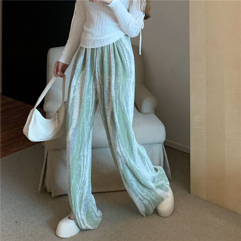 2021 Summer new cool nine-point high-waisted, drape printed wide-leg pants, large-sized loose, versatile and trendy style pants Specification image