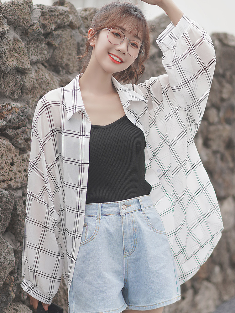 Chiffon checkered sun-protective shirt for women, a new summer 2021 design style, a niche shirt with puffed sleeves