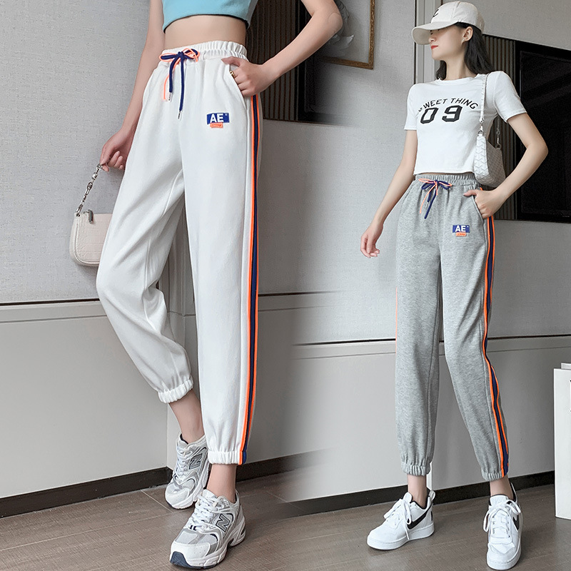 2021夏季新款AE撞色拼接显瘦哈伦女装束脚运动裤九分休闲裤