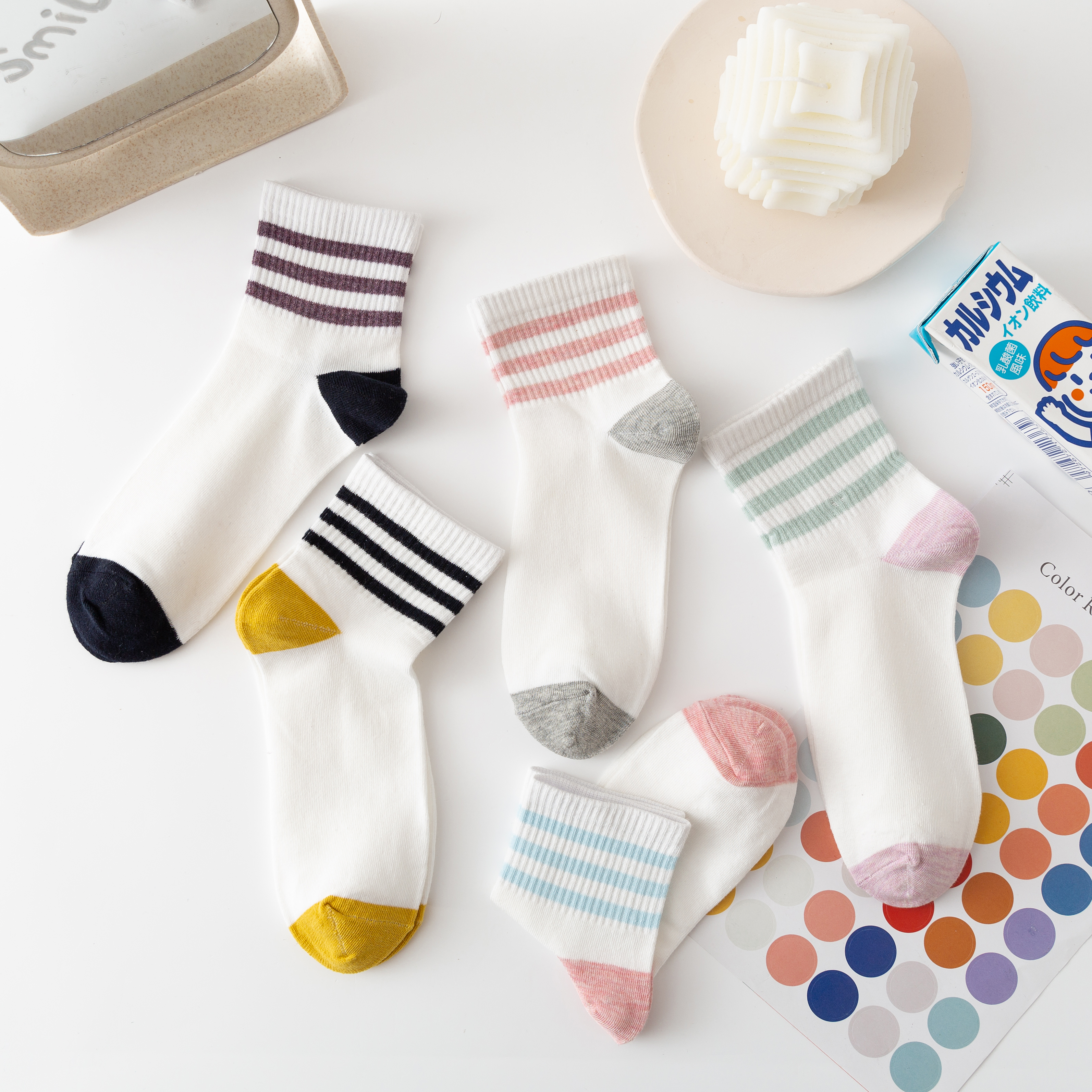 New InS-style trendy Japanese casual combed cotton striped anti-odor and breathable women's mid-calf socks for spring and summer