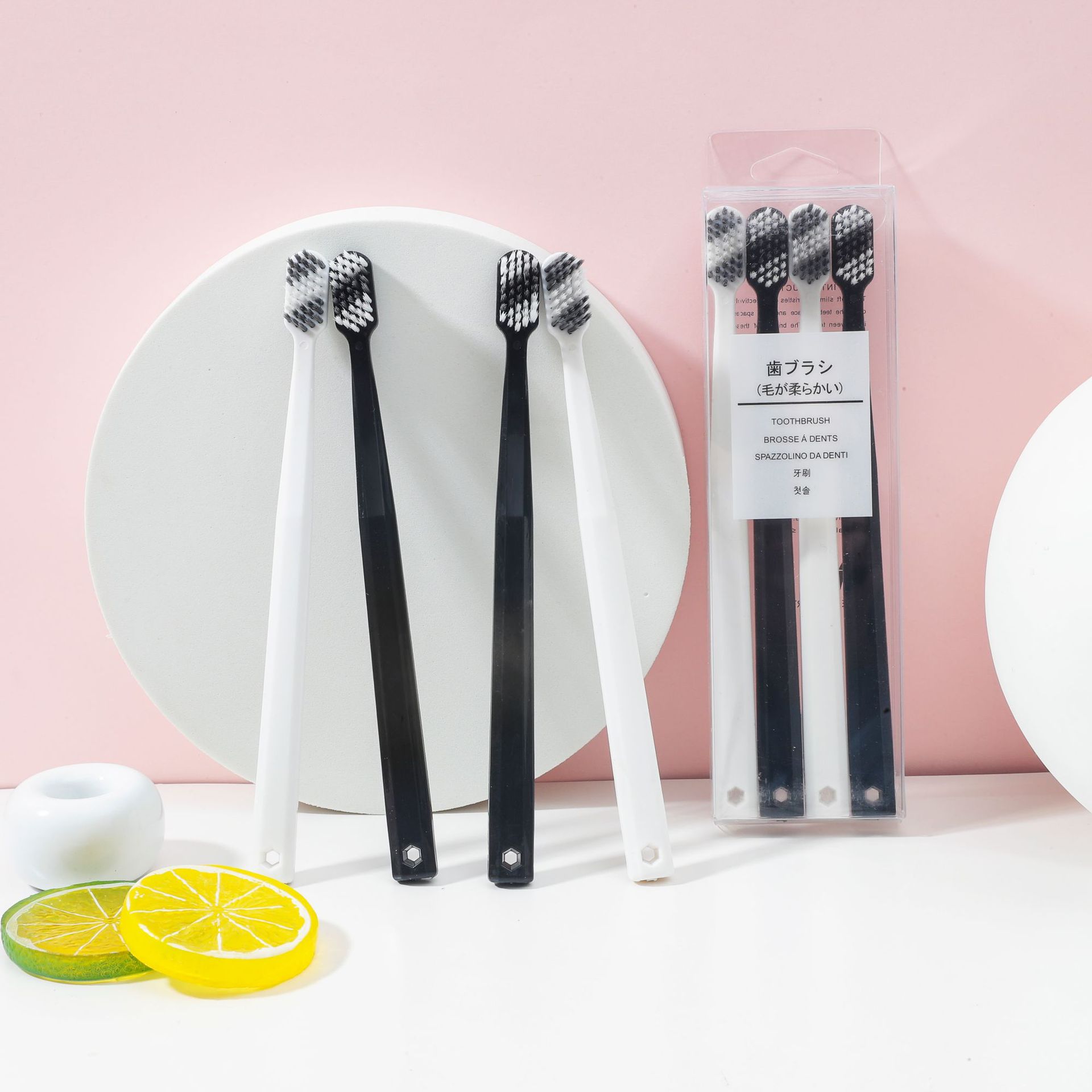 Couple toothbrushes, black and white, 4 pieces, adult fine soft bristles, 2 yuan, store street stall supply, Yiwu small commodity manufacturer Specification image