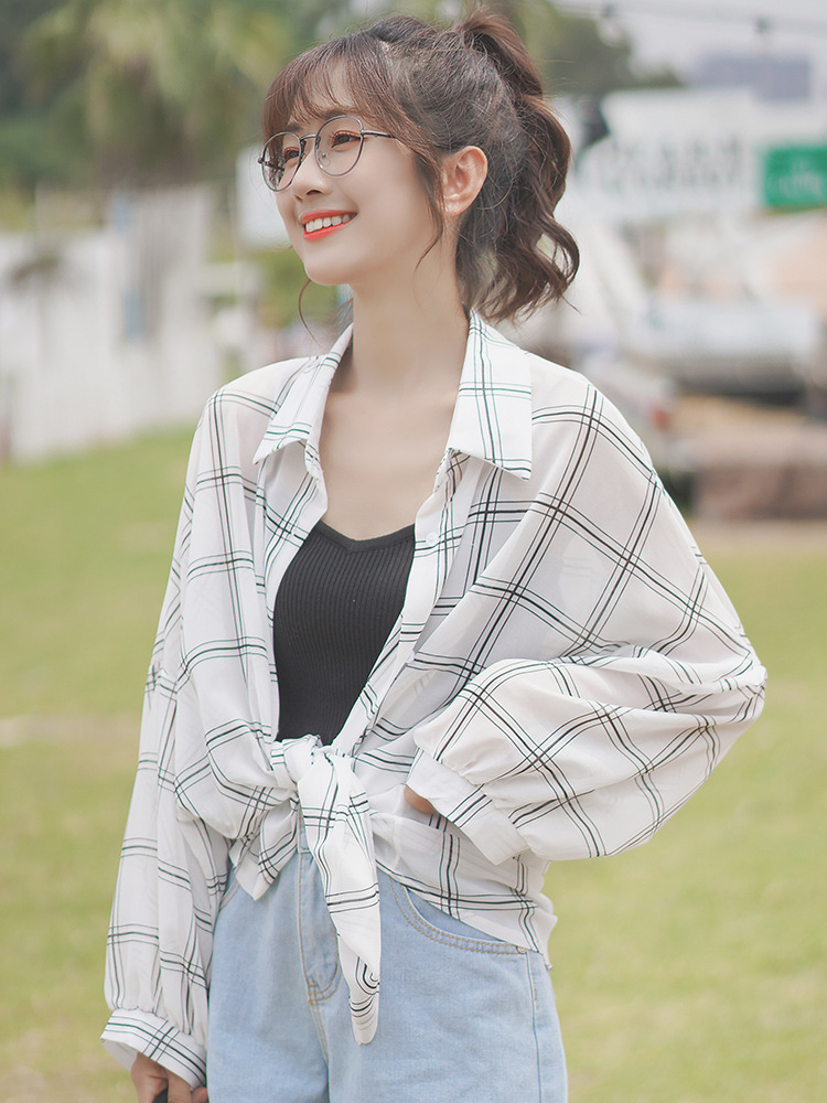 Chiffon checkered sun-protective shirt for women, a new summer 2021 design style, a niche shirt with puffed sleeves Specification image