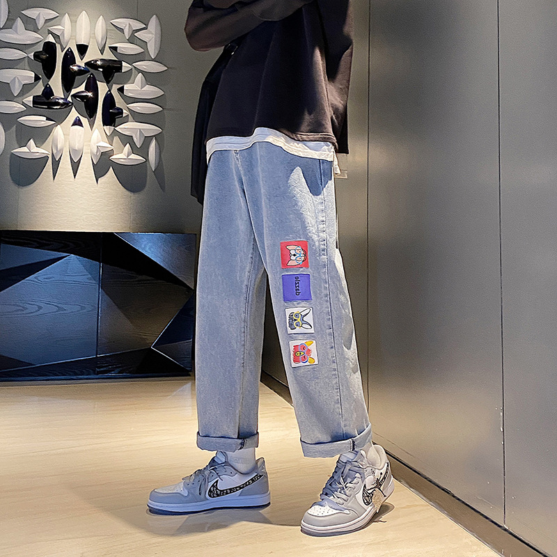 Denim pants men straight loose label Korean trend fat fat fat light color handsome fall pants