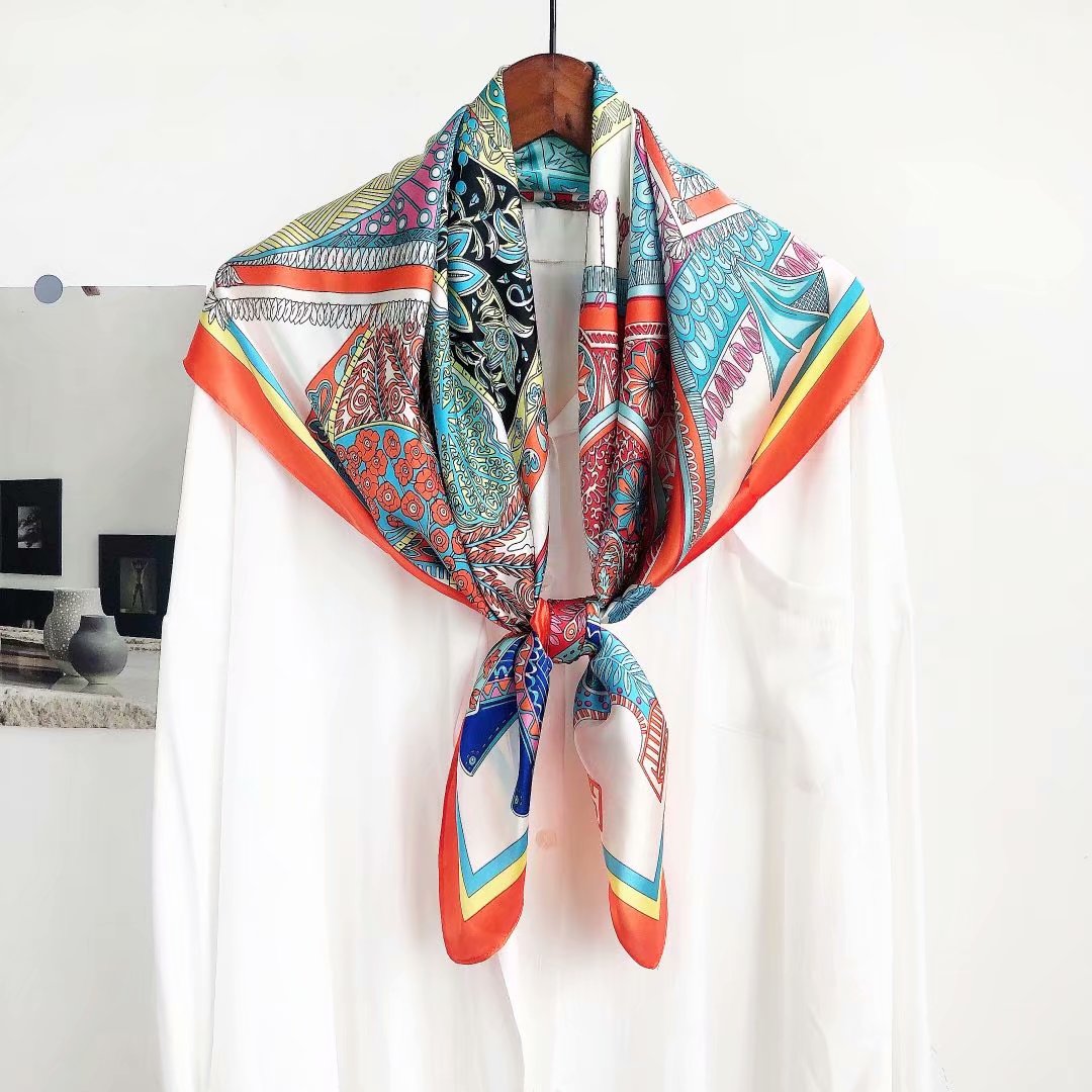 New silk satin 90*90 square scarf scarf shawl four seasons universal plants and flowers