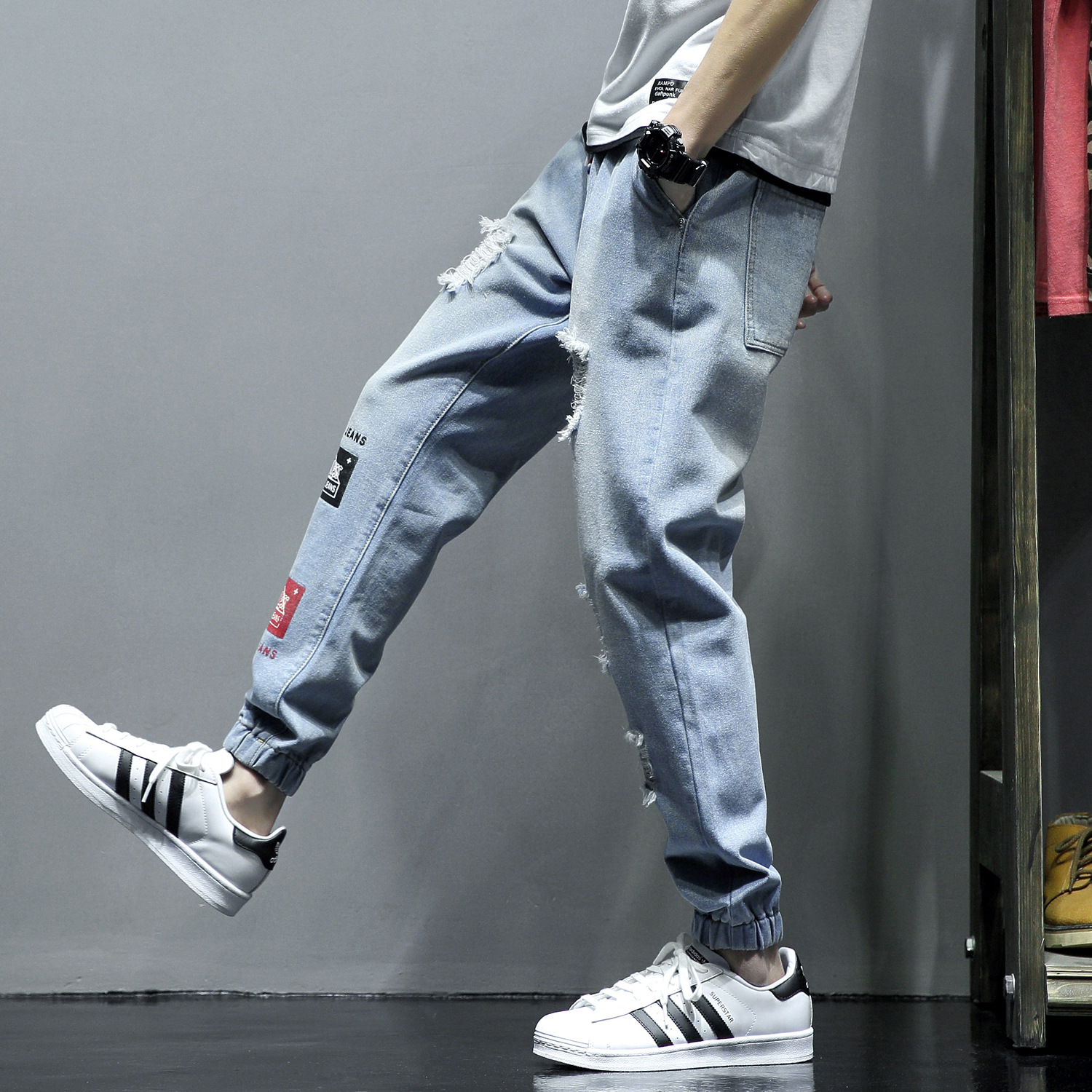 Fat ripped beggar jeans men plus fat code slim slim feet retro summer Korean fashion Harun pants
