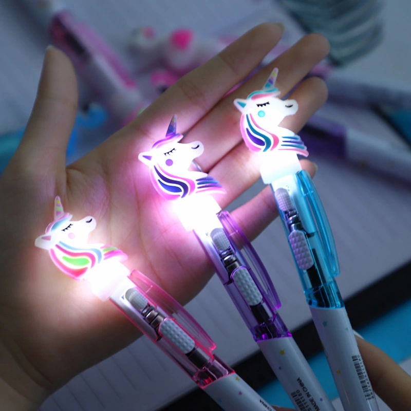 Creative cartoon unicorn light pen, cute luminous ballpoint pen, student stationery 0.5mm writing and learning supplies full figure