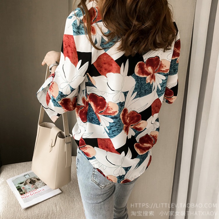 Autumn/Winter 2021 New Korean-style chic printed shirt, women's long-sleeved top, loose and slimming, retro Hong Kong-style shirt Specification image