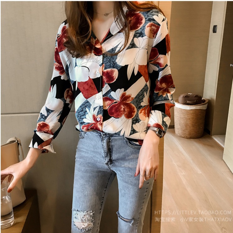 Autumn/Winter 2021 New Korean-style chic printed shirt, women's long-sleeved top, loose and slimming, retro Hong Kong-style shirt