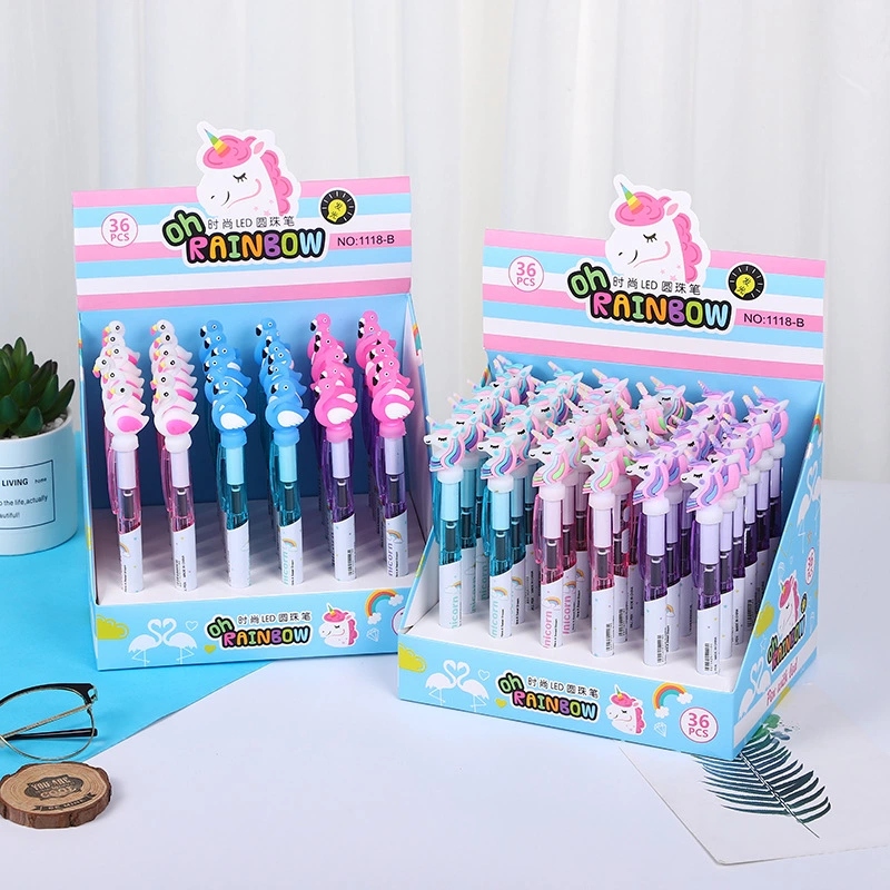 Creative cartoon unicorn light pen, cute luminous ballpoint pen, student stationery 0.5mm writing and learning supplies details Picture