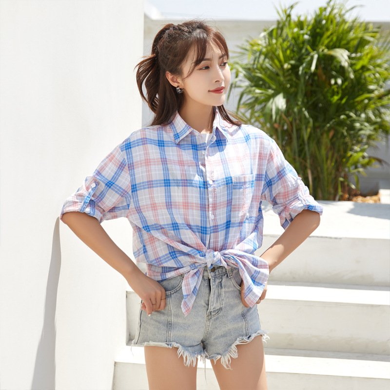 Casual plaid shirt, women's jacket for spring and summer, Korean style, loose and casual, student, retro Hong Kong style, sun protection shirt Specification image