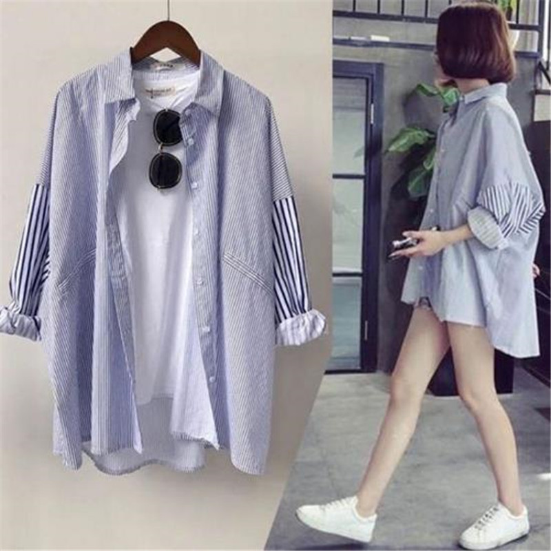 Autumn women's wear 2021: A trendy Japanese girl's first love style striped loose and versatile long-sleeved shirt jacket for women's spring and autumn