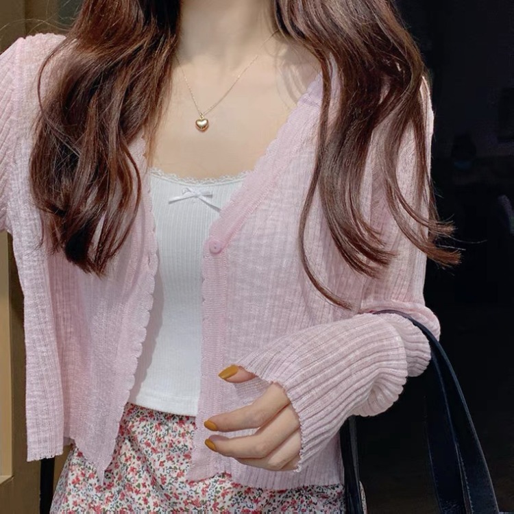 薄款外搭上衣女2021年新款春夏防晒冰丝针织开衫长袖短款白色外套