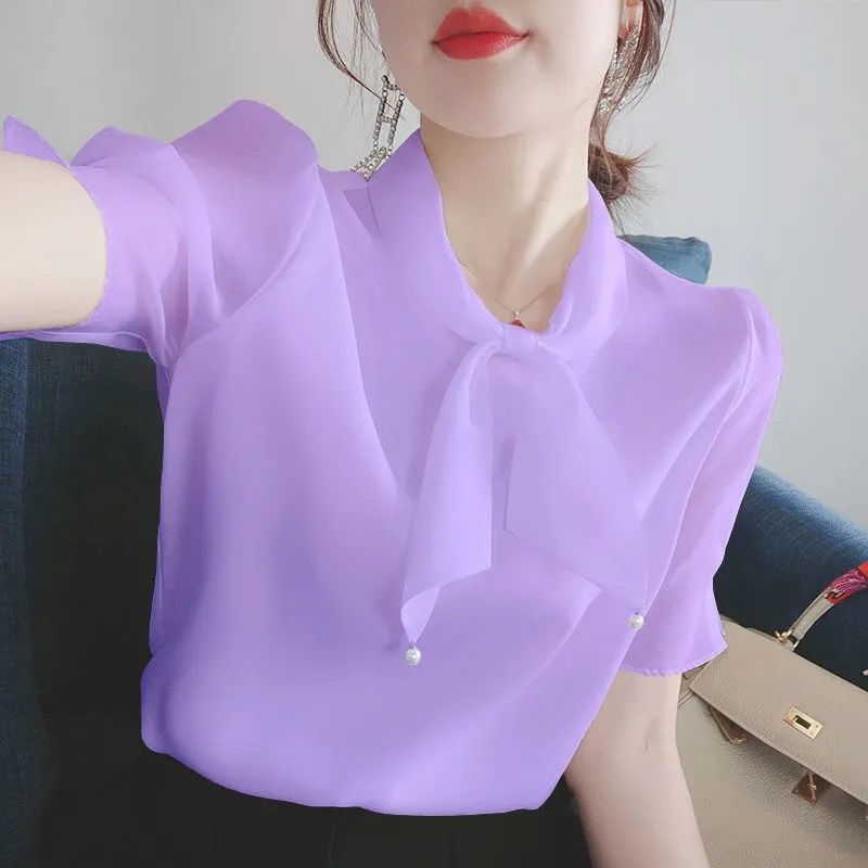 New Korean-style chiffon blouse for women in summer, stylish bow mini blouse Application Scenario