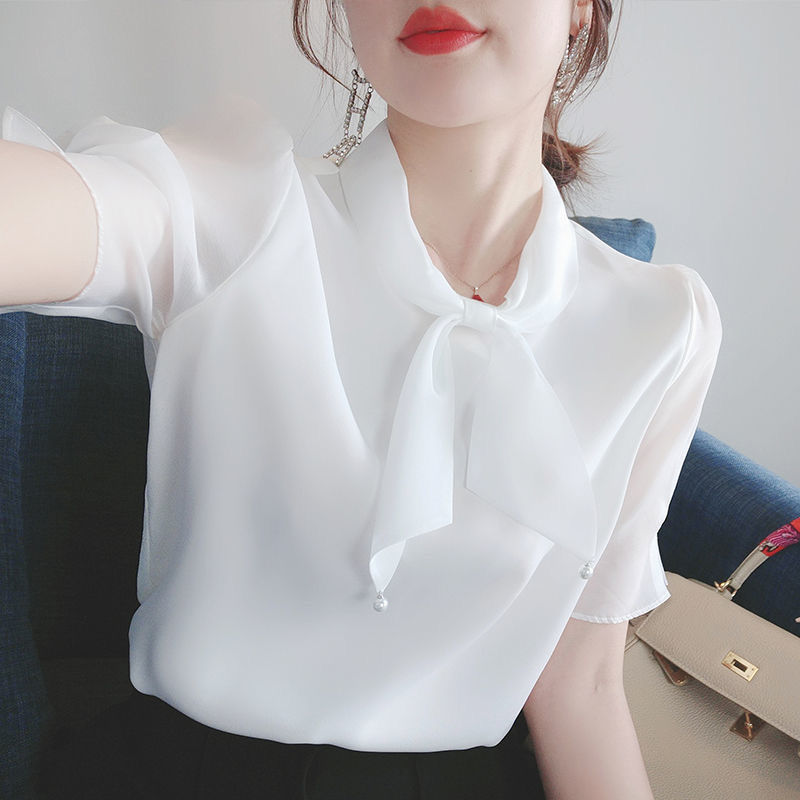 New Korean-style chiffon blouse for women in summer, stylish bow mini blouse details Picture