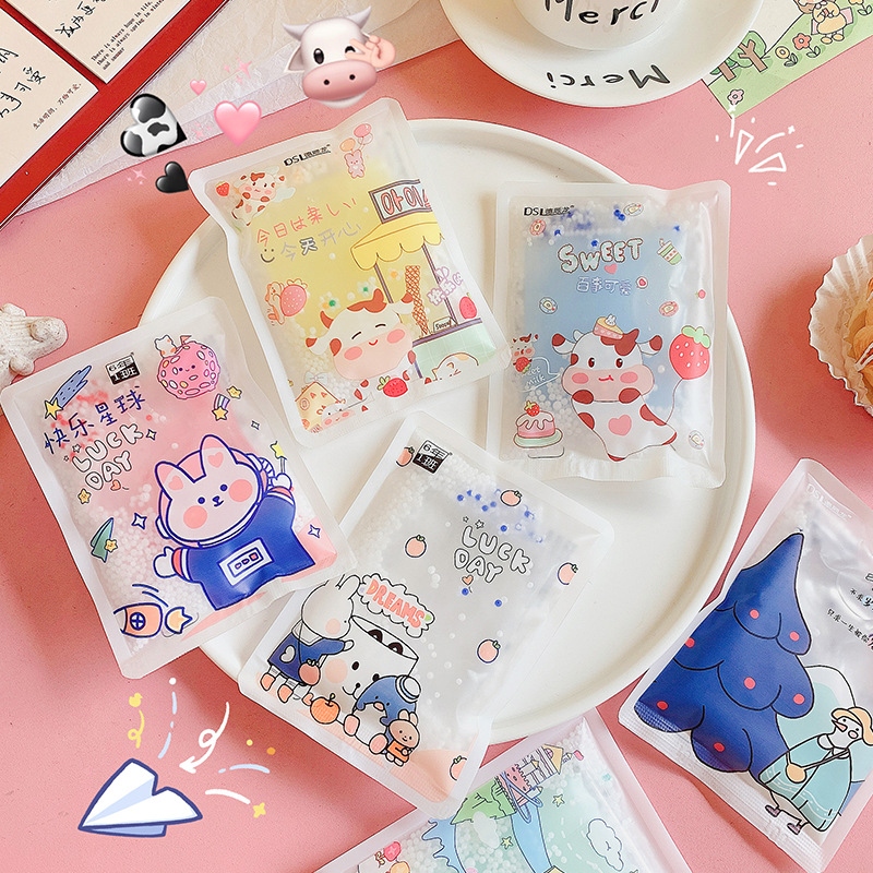 Students reuse ice packs for summer cooling. Tap the ice bags. Musicians squeeze the ice. Cartoon and cute. The ice packs are cool full figure