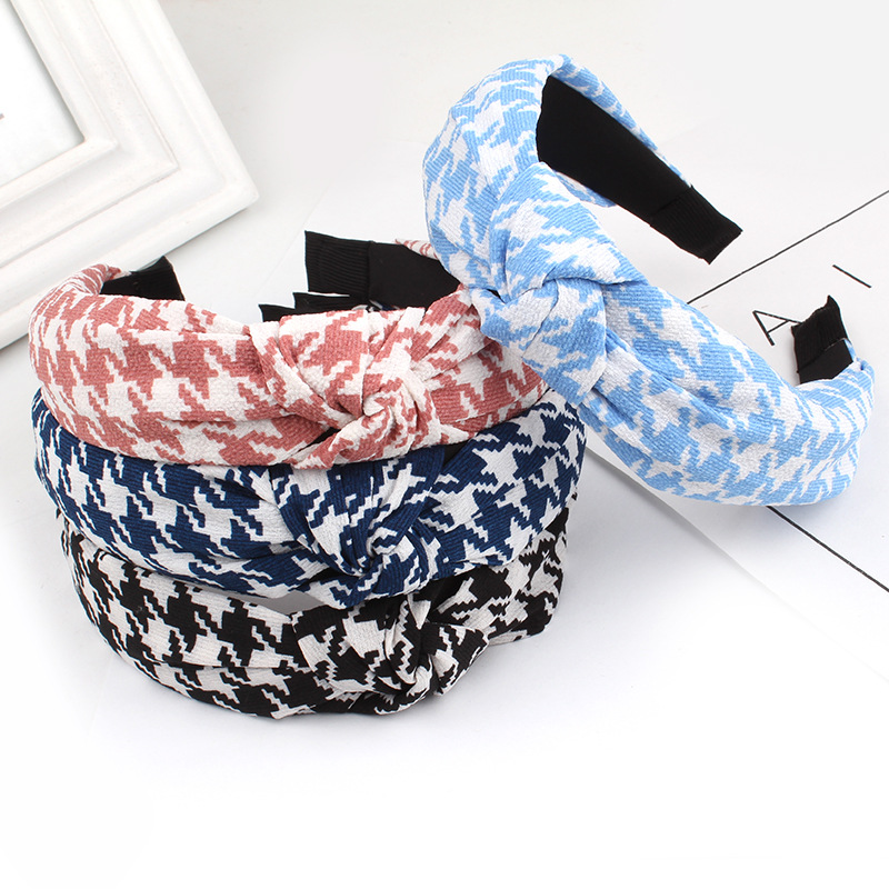 Korean fabric knotted hair bands, wide-edge chiffon checkered hair accessories, cute women's headbands and hair bands, best-selling wholesale full figure