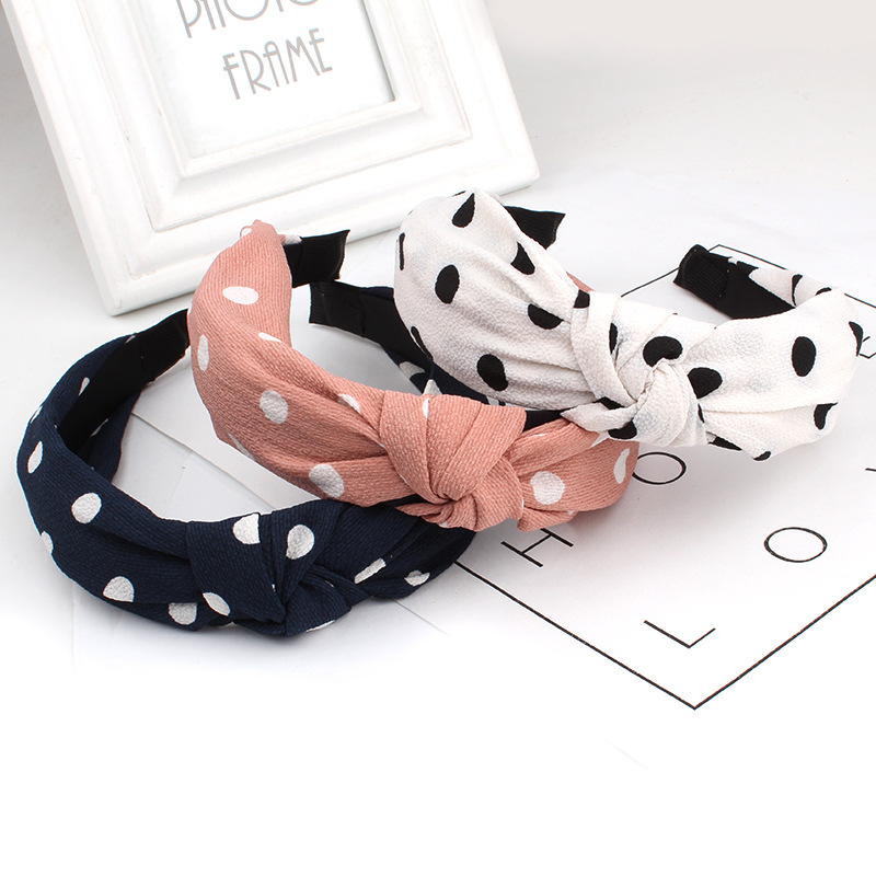 Korean fabric knotted chiffon polka dot hair bands, popular wide-edge hair accessories, cute women's headbands and hair bands wholesale full figure