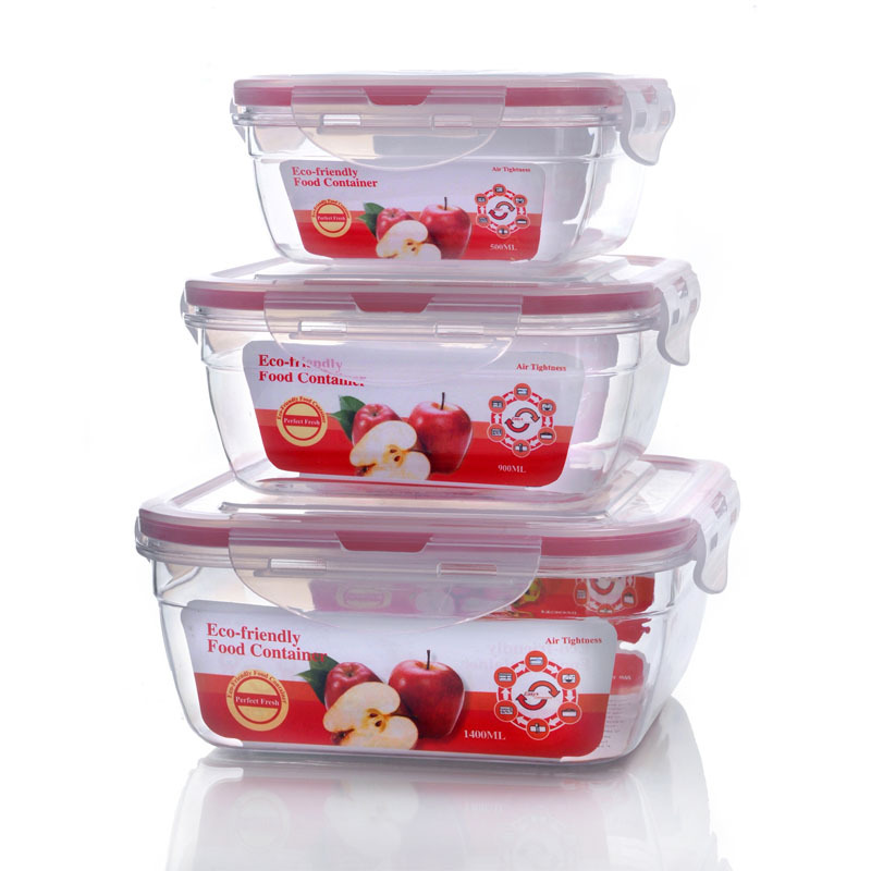 Three-Piece Plastic Food Storage Box Set, Square Storage Box, Lockup Transparent Box, Fruit Food Storage Box, Food Food Storage Box Item Picture