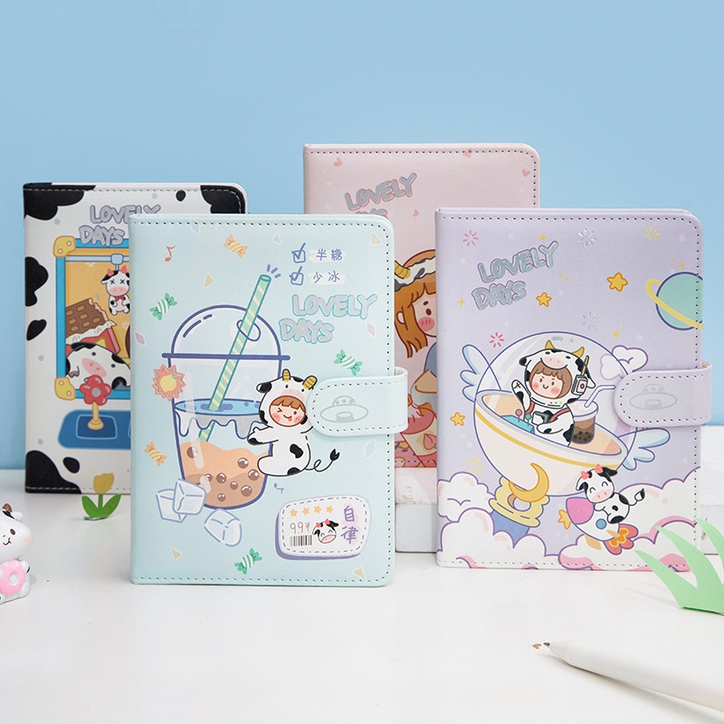 Cartoon Cow Girl pu magnetic buckle Book 36k Girl's Heart Color Page Notebook Student Diary Plan Book Diary full figure
