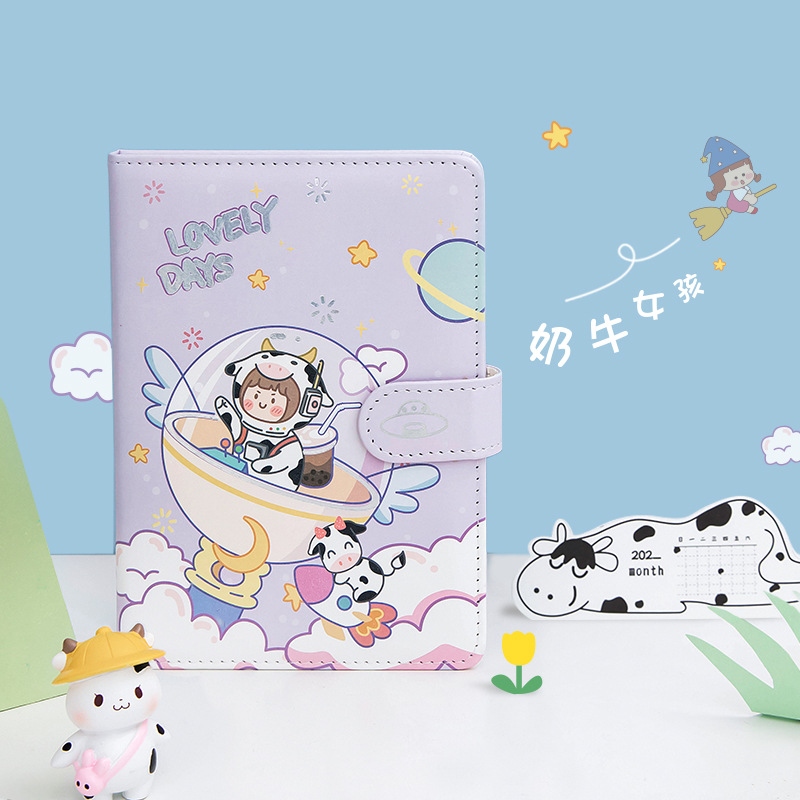 Cartoon Cow Girl pu magnetic buckle Book 36k Girl's Heart Color Page Notebook Student Diary Plan Book Diary details Picture