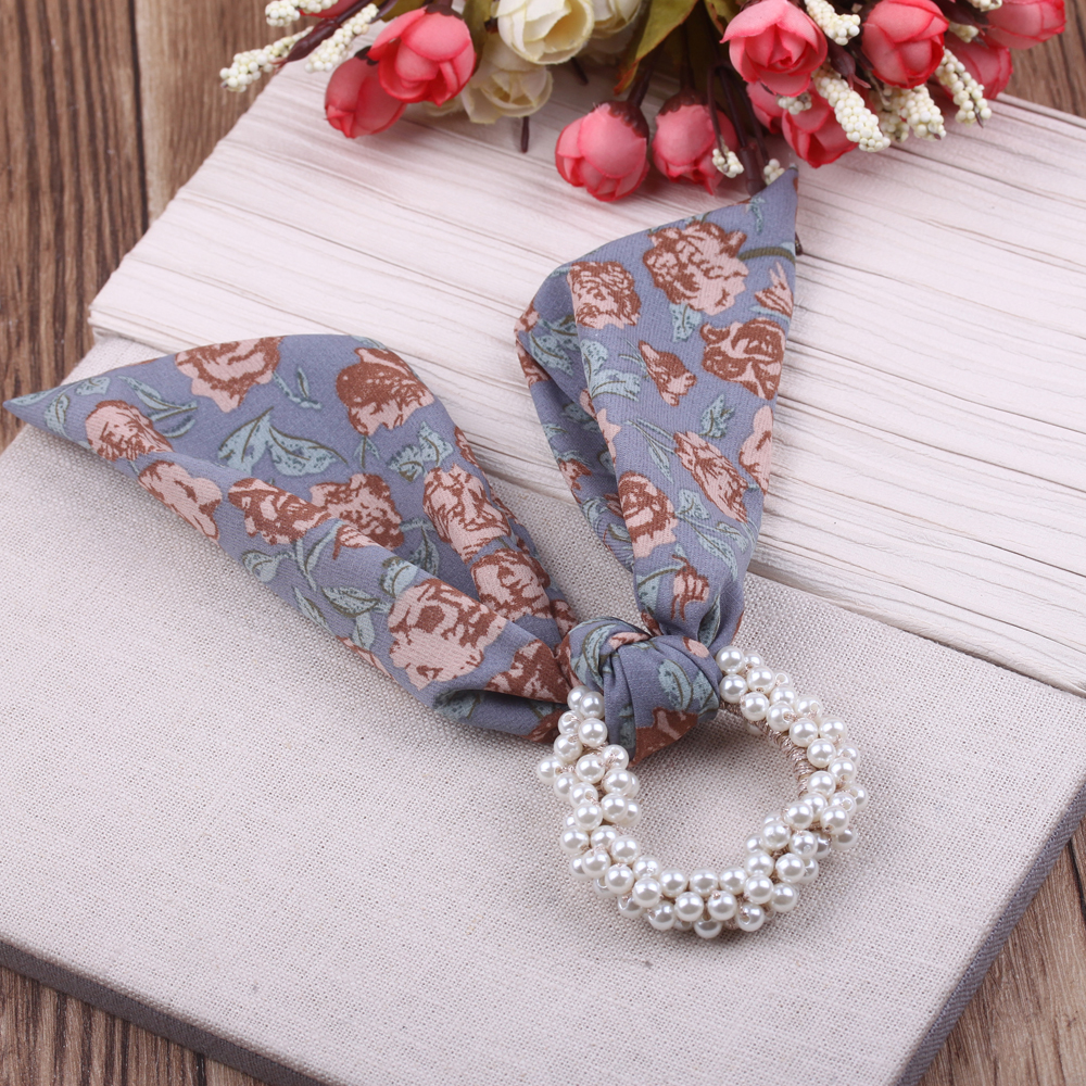 Floral bow ribbon hair tie, retro French and Korean style hair band for women, exquisite pearl hair tie for women