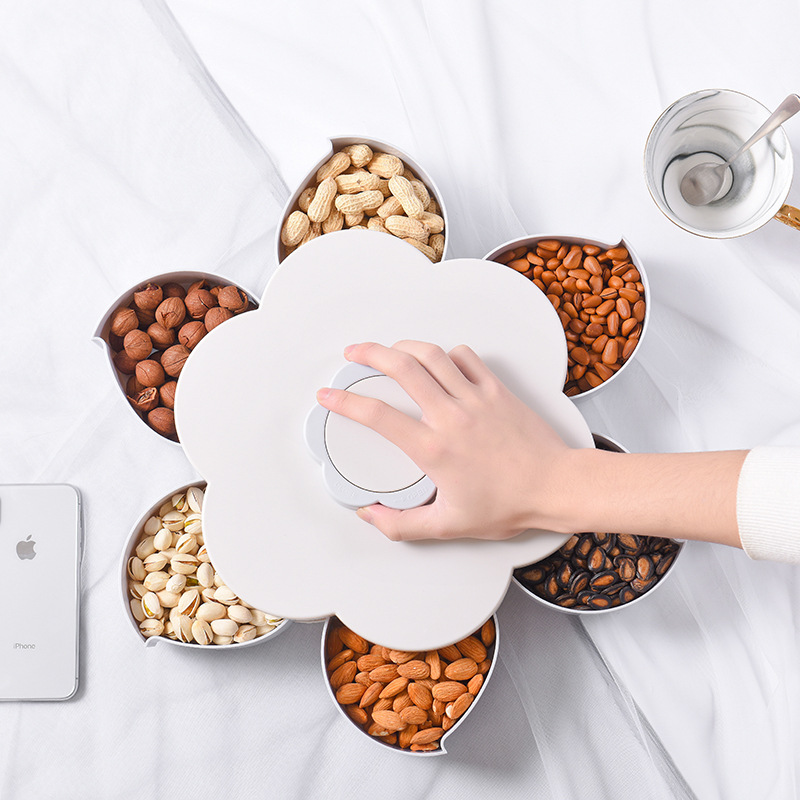 Creative Douyin's Petal-Shaped Rotating Fruit Box Candy Plate, Household Dried Fruit Box With Compartments And Lids, Fruit Plate And Nut Box details Picture