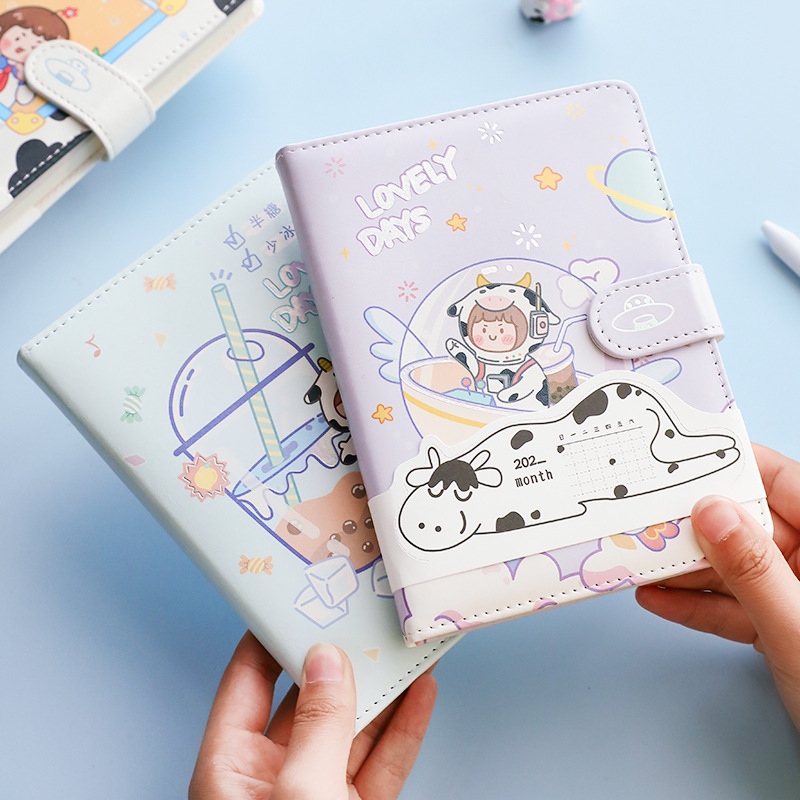 Cartoon Cow Girl pu magnetic buckle Book 36k Girl's Heart Color Page Notebook Student Diary Plan Book Diary Specification drawing