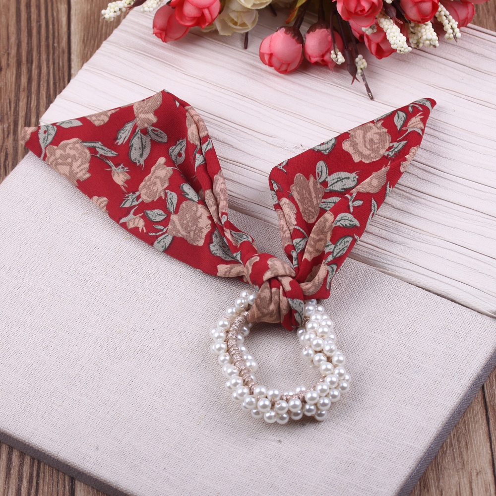 Floral bow ribbon hair tie, retro French and Korean style hair band for women, exquisite pearl hair tie for women details Picture