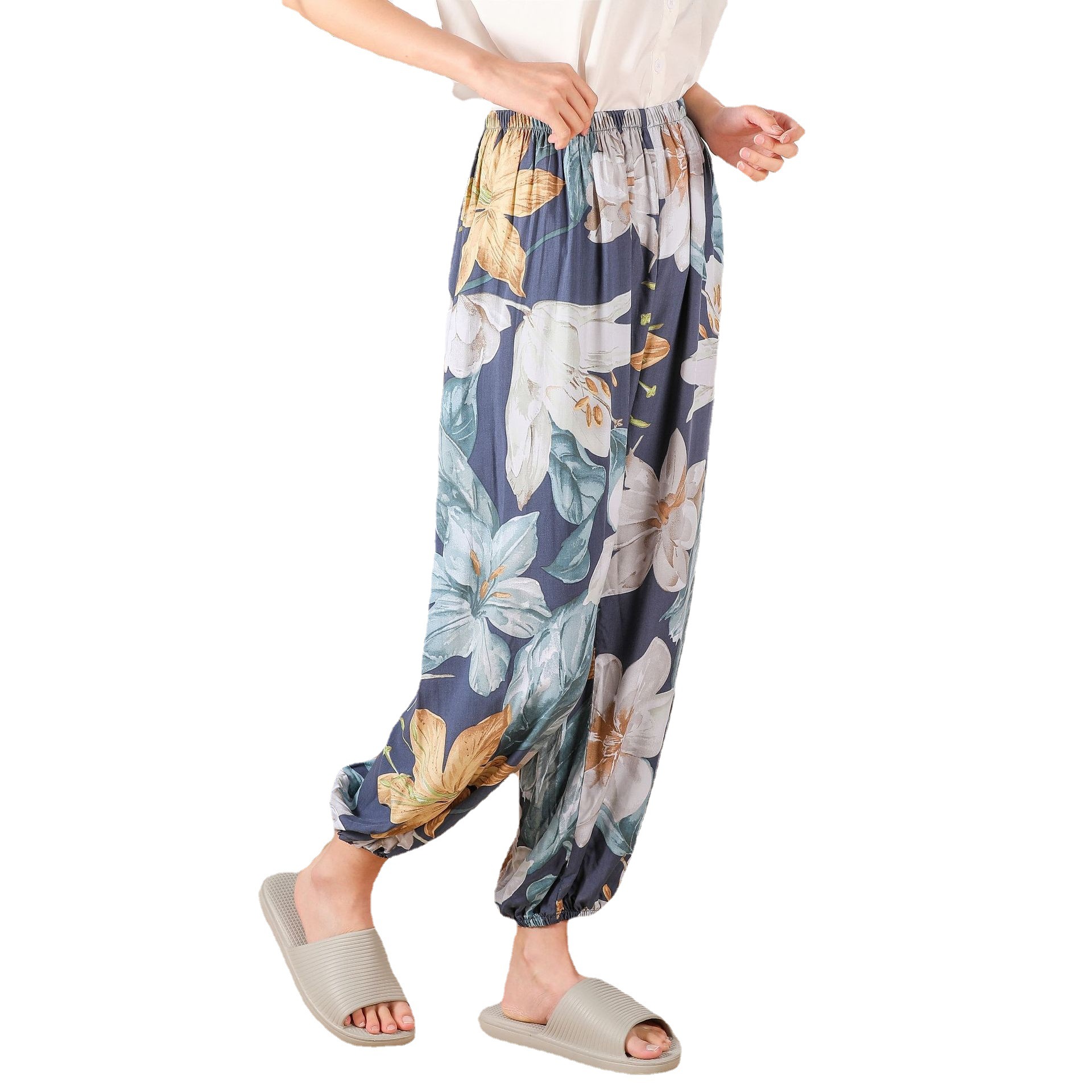 Summer cotton and silk women's mosquito-proof pants and pajama pants are thin, large-sized, loose and fitted. They can be worn over high-waisted adult lantern pants at home Item Picture