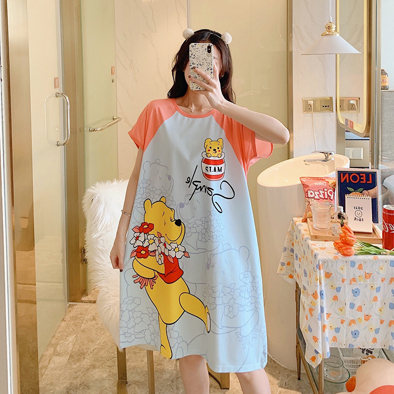 Pajama girl Summer double-sided watermark short-sleeved breathable thin cartoon loose sleeping dress, lazy student chubby sister sleeping dress