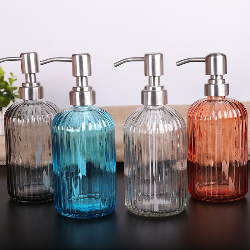 彩色透明玻璃竖条洗手液瓶400ml玻璃瓶洗发水按压式瓶子