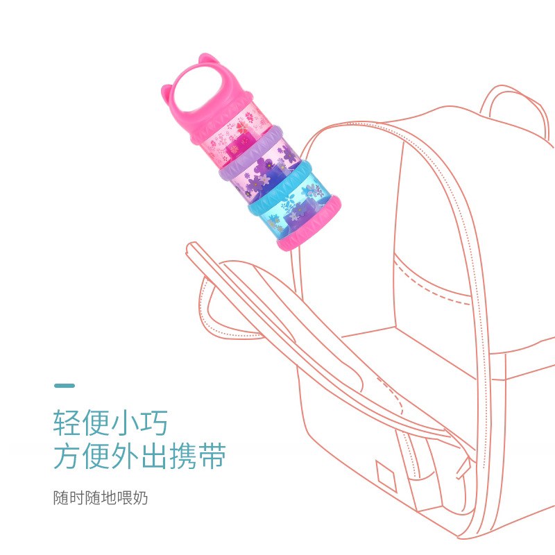 Colorful milk powder box, independent layer milk powder grid, convenient printed three-layer milk powder box, cat head milk powder box, baby bottle accessories Application Scenario