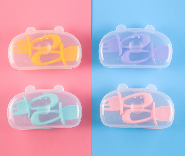 New baby training short-handled fork spoon, lick spoon, baby learns to eat, silicone spoon, baby complementary food spoon Specification image