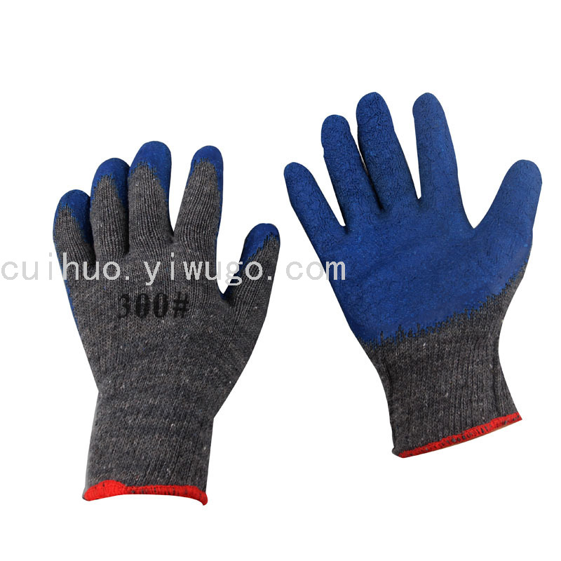 Industrial anti-slip and wear-resistant labor protection gloves, latex flannel impregnated with rubber, wrinkled grey yarn blue gloves Item Picture