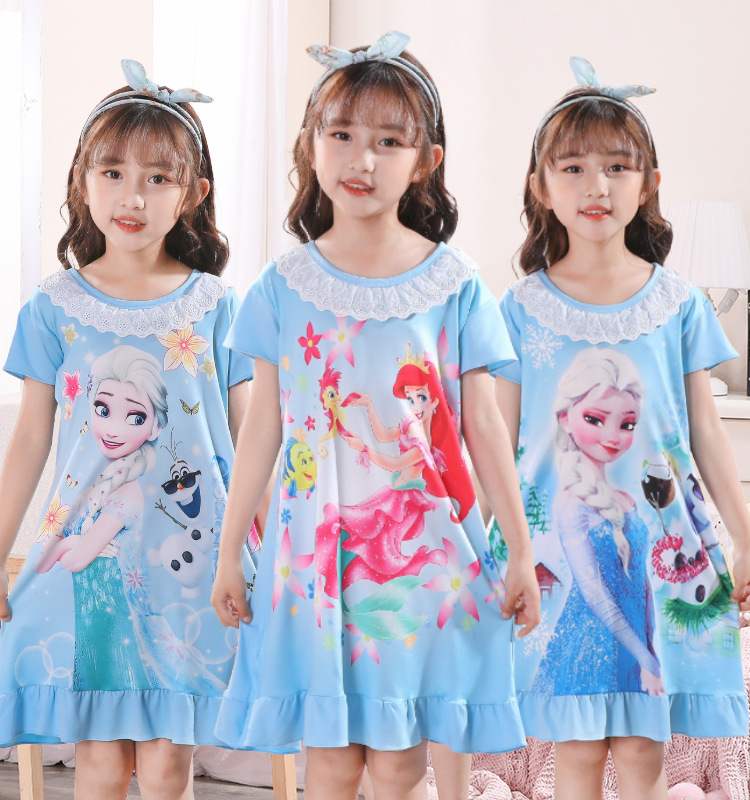 Children's sleeping dress, summer short-sleeved princess dress, thin and cute little girl pajamas, big and small girls' halter dress details Picture