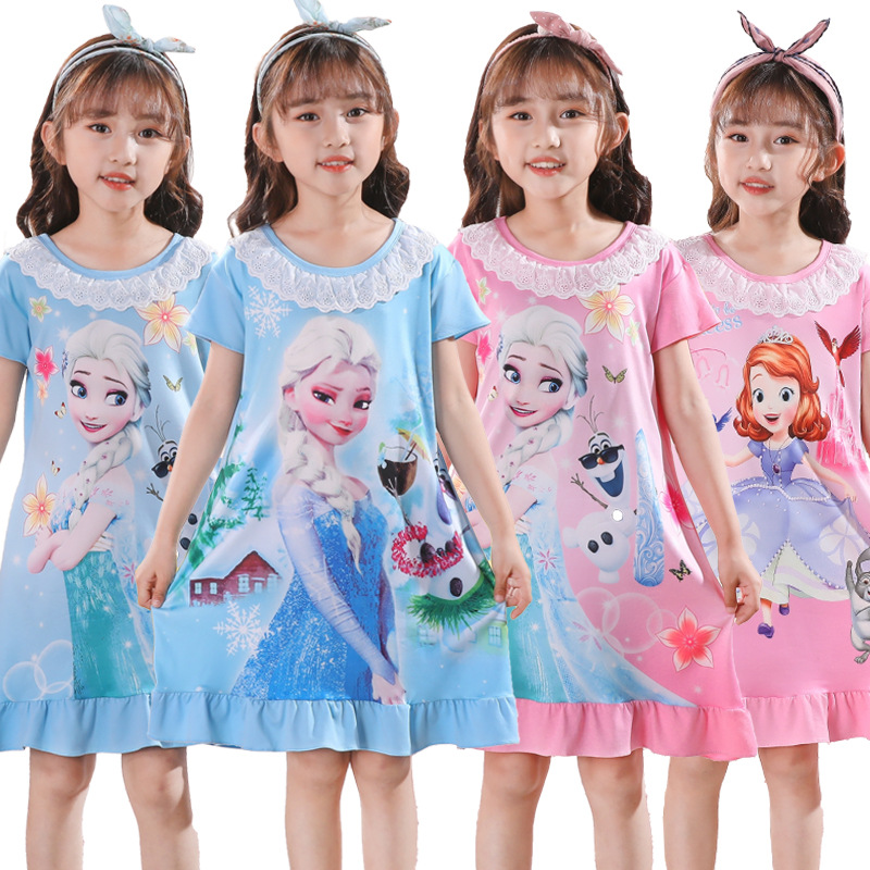 Children's sleeping dress, summer short-sleeved princess dress, thin and cute little girl pajamas, big and small girls' halter dress