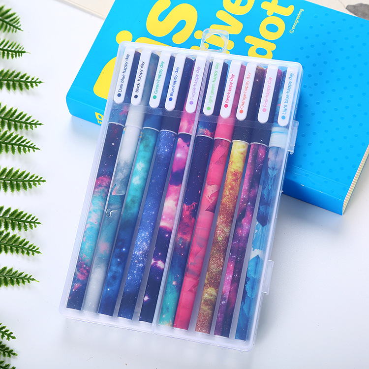 Creative colored gel pens, cartoon student stationery 10-piece set, black gel pen set, office supplies, signature pen factory Specification drawing