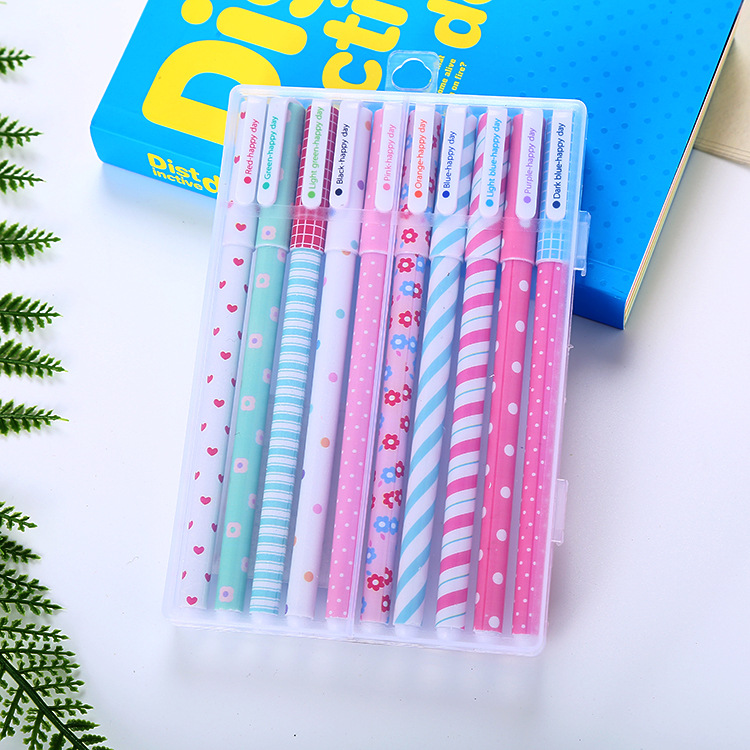 Creative colored gel pens, cartoon student stationery 10-piece set, black gel pen set, office supplies, signature pen factory details Picture
