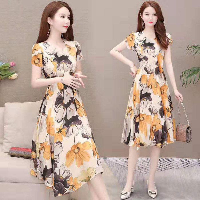 2021 Summer new Korean-style floral print long dress, plus-size women's dress, concealing flesh and looking slimmer, mid-length short-sleeved dress for chubby girls Item Picture