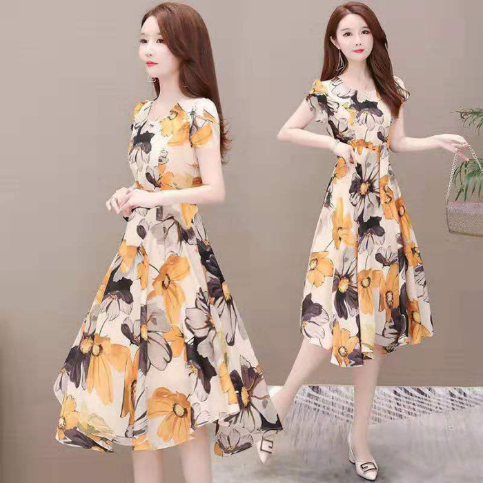 2021 Summer new Korean-style floral print long dress, plus-size women's dress, concealing flesh and looking slimmer, mid-length short-sleeved dress for chubby girls details Picture