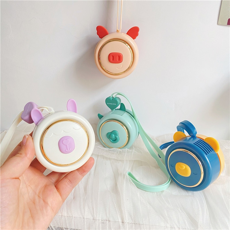 Creative neck-hanging cartoon mini charging fan, USB portable, leafless lanyard for students, girls and children, small fan in multiple colors full figure