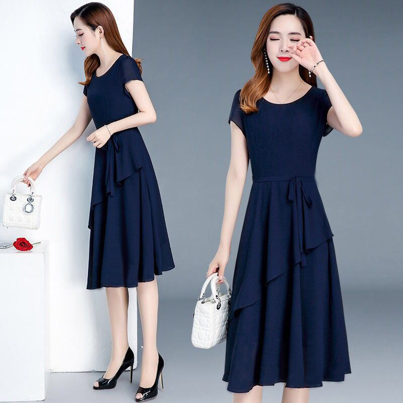 2020 new summer high-end waist-cinching, slimming and youthful mid-length round-neck plus-size women's dress for export details Picture