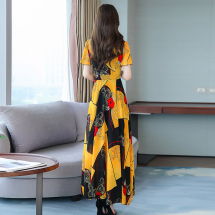 French V-neck ice silk print dress for women, 2021 summer new style, waist-cinching, slimming, elegant, long swing dress Specification image