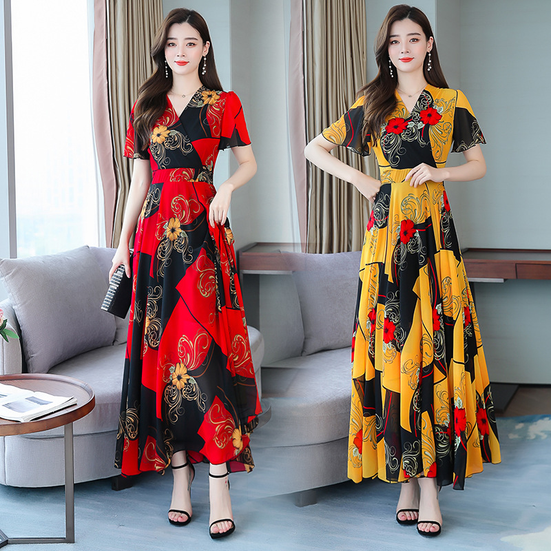 French V-neck ice silk print dress for women, 2021 summer new style, waist-cinching, slimming, elegant, long swing dress details Picture