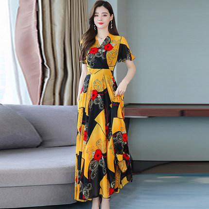 French V-neck ice silk print dress for women, 2021 summer new style, waist-cinching, slimming, elegant, long swing dress Application Scenario