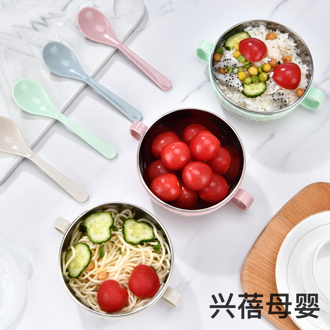 Stainless steel children's cartoon rice bowl, double-layer heat-insulating double-ear bowl, baby handle complementary food bowl, anti-drop bowl, covered spoon Specification image